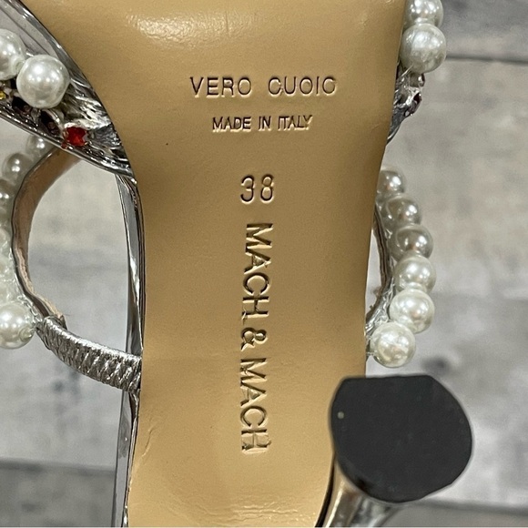 MACH & MACH Diamond Of Elizabeth Imitation Pearl Pointed Toe Mule Silver Sz-38/8 - Picture 13 of 14